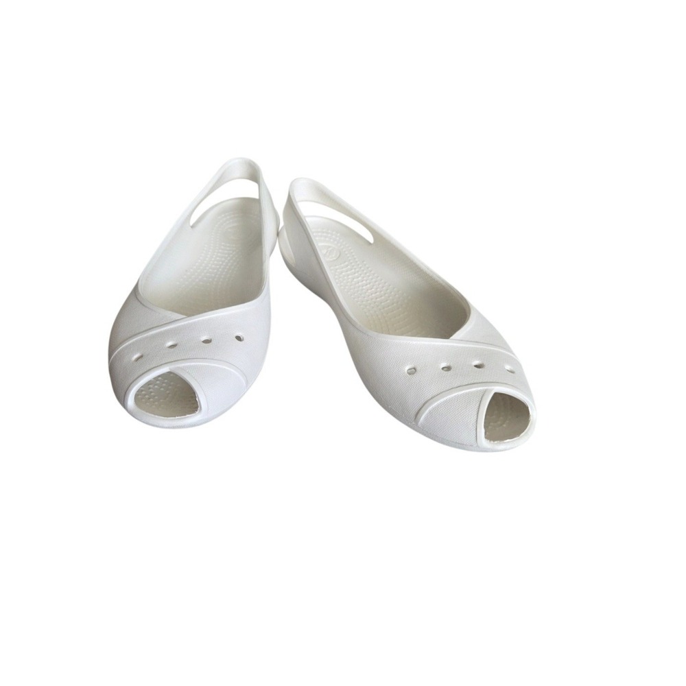 Crocs Farrah White Peep Toe Slingback Flats Sandals 8 Ballet Slip On Beach Comfy